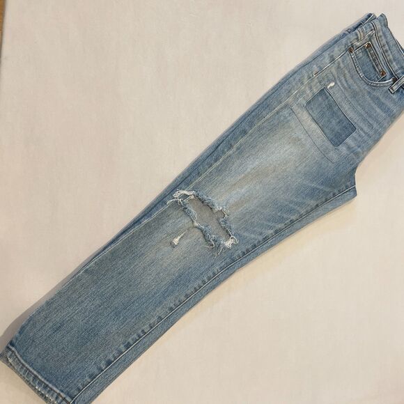 ~ J.Crew 26 Vintage Crop Jeans Womens Light Blue Fray Look Patch Rip Distressed - Picture 10 of 12